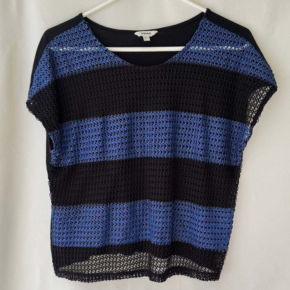 Koton Womens Shirt Size Large Blue Black Striped Mesh Sheer Lagenlook Boho Artsy